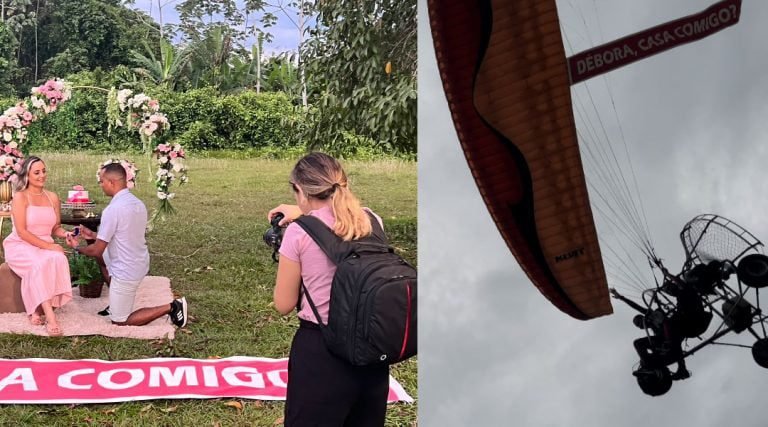 Pedido de casamento nas alturas: Homem emociona noiva ao fazer pedido voando de paraglider
