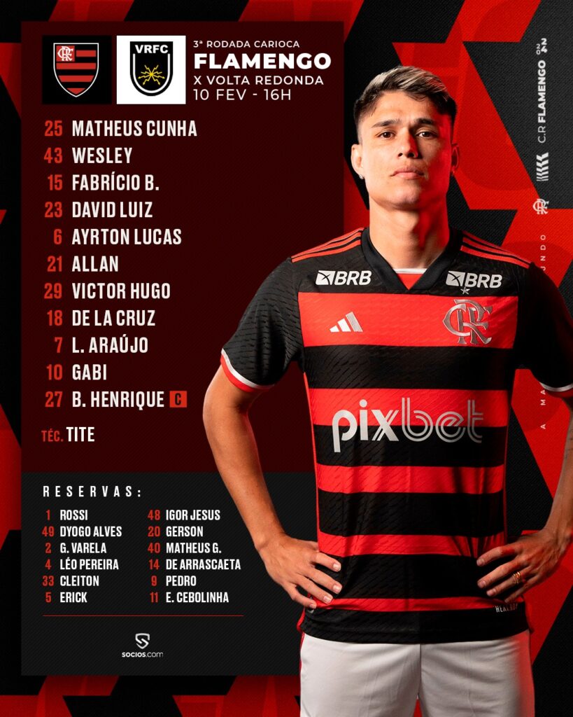 saiu!-com-de-la-cruz-e-gabigol,-flamengo-divulga-escalacao-para-jogo-contra-volta-redonda,-pelo-carioca