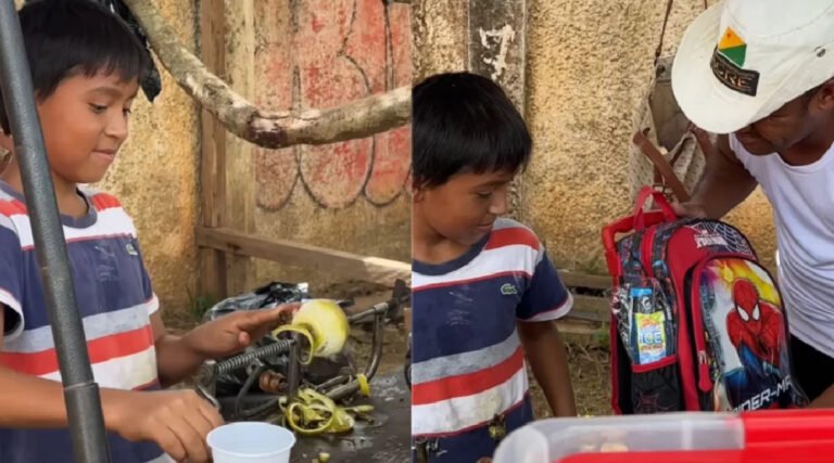 No Acre, menino que vende suco com a mãe realiza sonho de ganhar material escolar