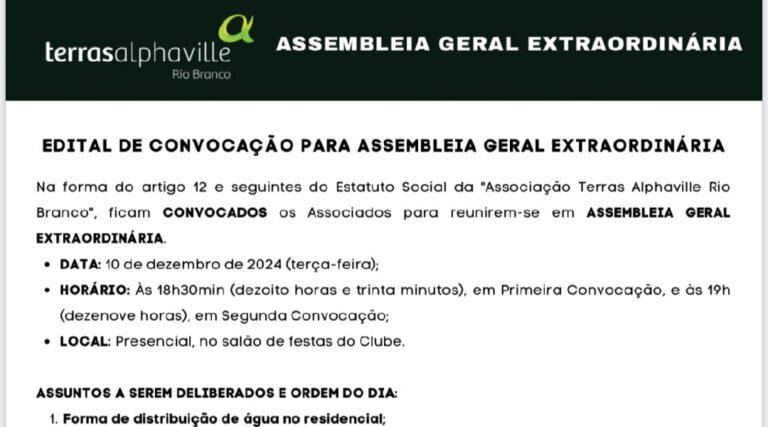 Edital de convocação para assembleia geral extraordinária da Associação de Terras Alphaville de Rio Branco
