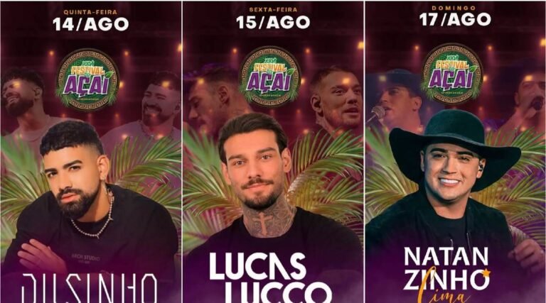Dilsinho, Lucas Lucco e Natanzinho estão entre as atrações nacionais anunciadas para o Festival do Açaí 2025