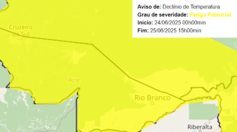 Frente fria atinge o Acre e Inmet emite alerta de declínio de temperatura classificada como “severa”