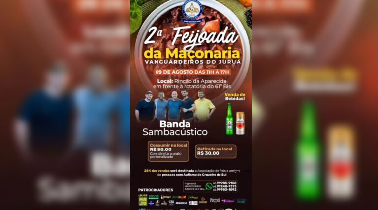Segunda Feijoada Solidária da Maçonaria arrecadará fundos para apoio a crianças autistas em Cruzeiro do Sul
