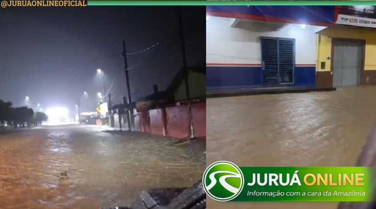 Temporal alaga Avenida Coronel Mâncio Lima e água invade comércios em Cruzeiro do Sul
