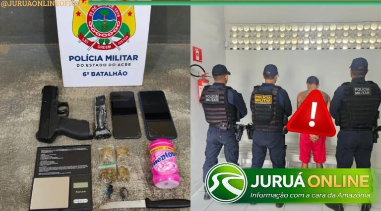 “Frente” de facção é preso com droga, balança e simulacro de pistola no bairro Formoso, em Cruzeiro do Sul