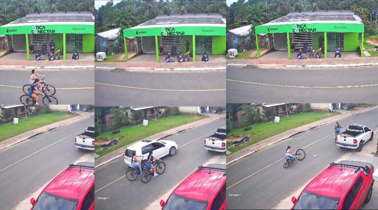 Câmeras registram momento em que ciclista é atingida por carro na Avenida Japiim; motorista deixa local sem prestar ajuda